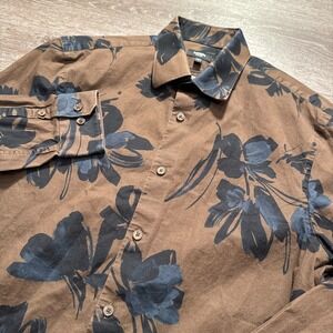 Express Shirt Mens Small Brown Floral Slim 1MX Long Sleeve Button Up Casual